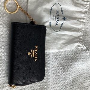 Prada Black Leather Key Pouch with Gold Accents
